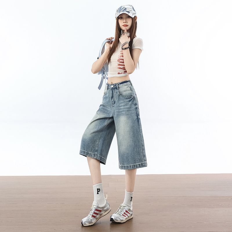Fashion Summer Loose Straight Blue Denim Cropped Capri Pants Versatile Slimming Minimalist Daily Essential