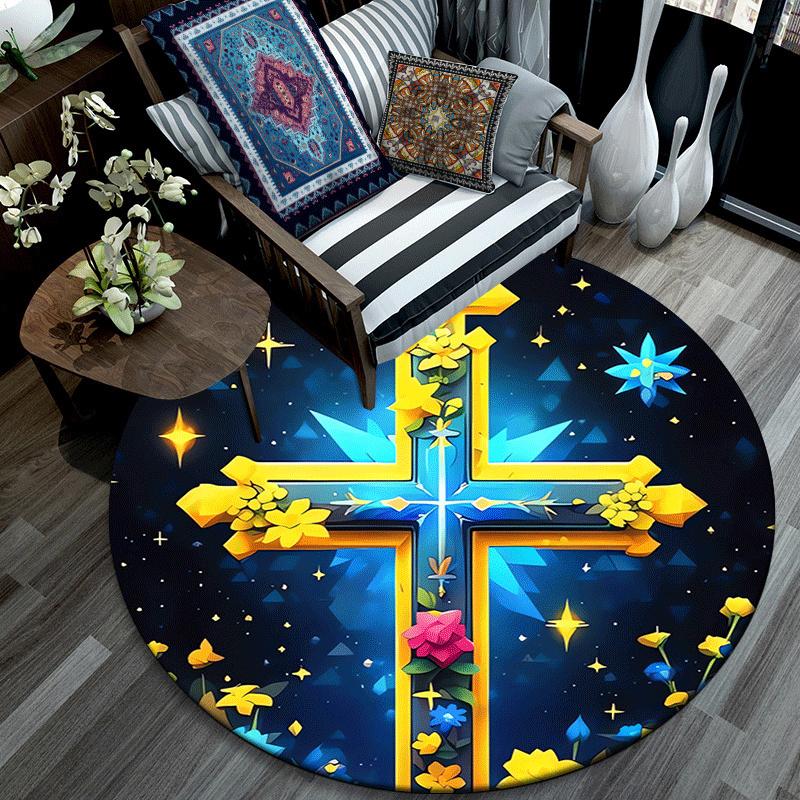 1pc Soft, Absorbent & Non Slip Cross Covered with Flowers Round Rug Soft Circle Rug for Living Room & Bedroom Decor, Chair Mats, and Unforge