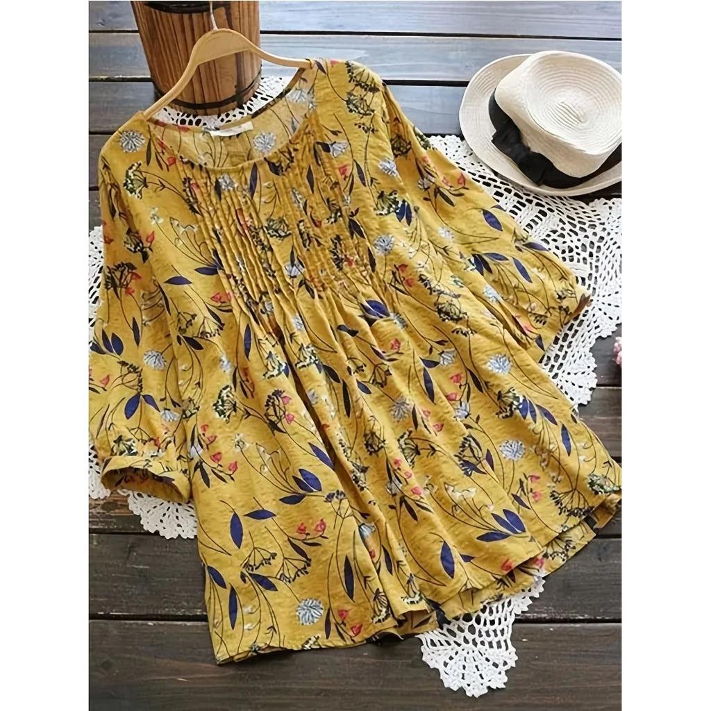 Plus Size Women Fashion Floral Printed 3/4 Sleeve Shirt Loose Retro Color Shirt Ladies Blouse Tops