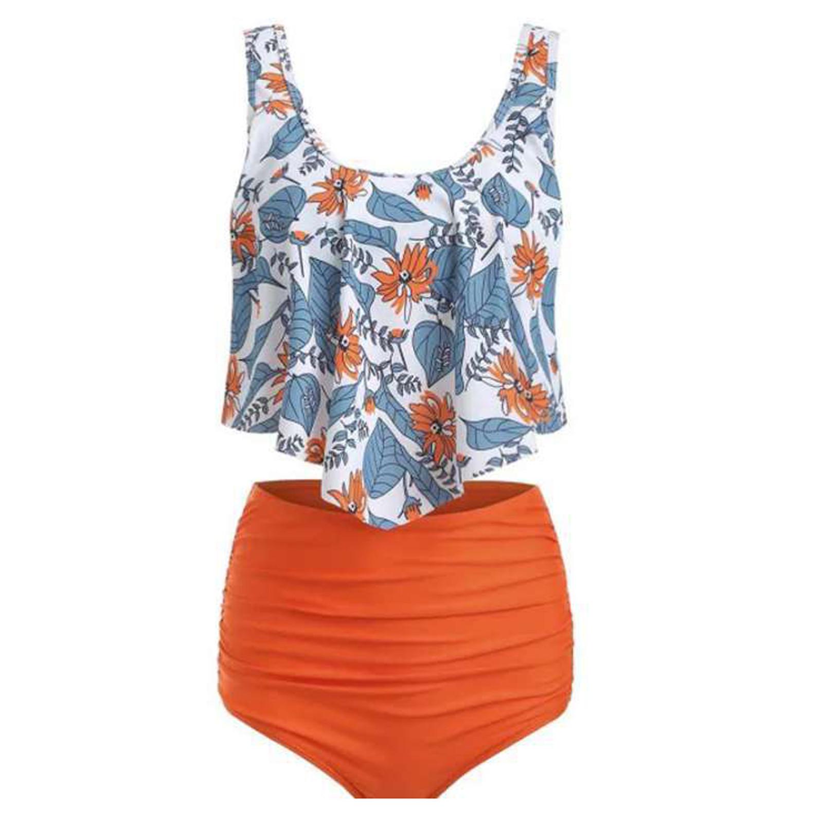 

Бикини с рюшами и принтом закрывает живот и демонстрирует тонкий разделенный купальник для женщин XXXL оранжевый