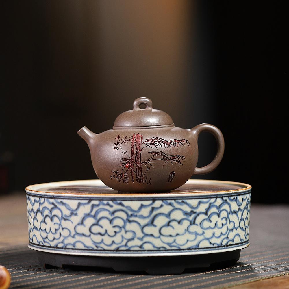 180ml Authentic Yixing Purple Clay Bamboo Teapot Raw Ore Steel Gray Section Mud Kettle Household Zisha Tea Set Beauty Teaware