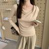 French Swing Collar Long Sleeve Bottoming Sweater Women's Autumn Side Pleated Waist Diagonal Shoulder Sweet Spicy Inner Top
