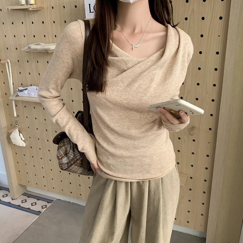 French Swing Collar Long Sleeve Bottoming Sweater Women's Autumn Side Pleated Waist Diagonal Shoulder Sweet Spicy Inner Top