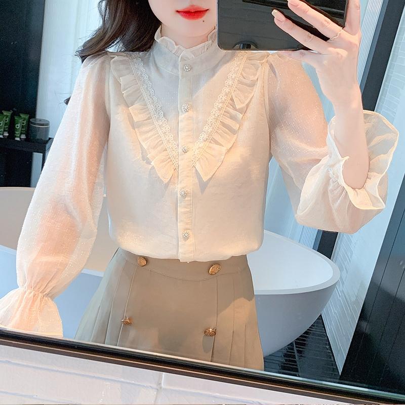 Fashion New 2024 Autumn Long Sleeve Stand Collar Casual Ruffles Apricot Chiffon Blouse Shirt Women Tops Blouses Shirts J462