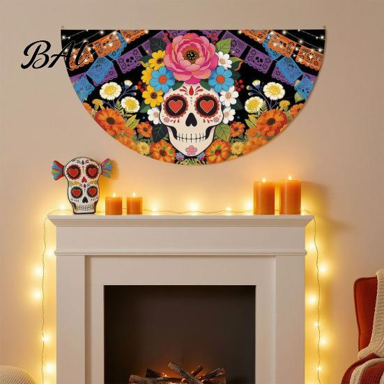 Sugar Skull Fan Flag Day of The Dead Bunting Banner, Marigold Print Fiesta Mexican Festival Home Ornament Hanging Flag, Colorful Outdoor Yard