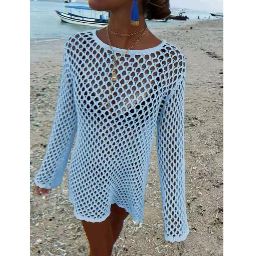Damen Cover-Up Bikini Strickware: Ausgeschnittenes Langarm-Strand-Sonnenschutzkleid