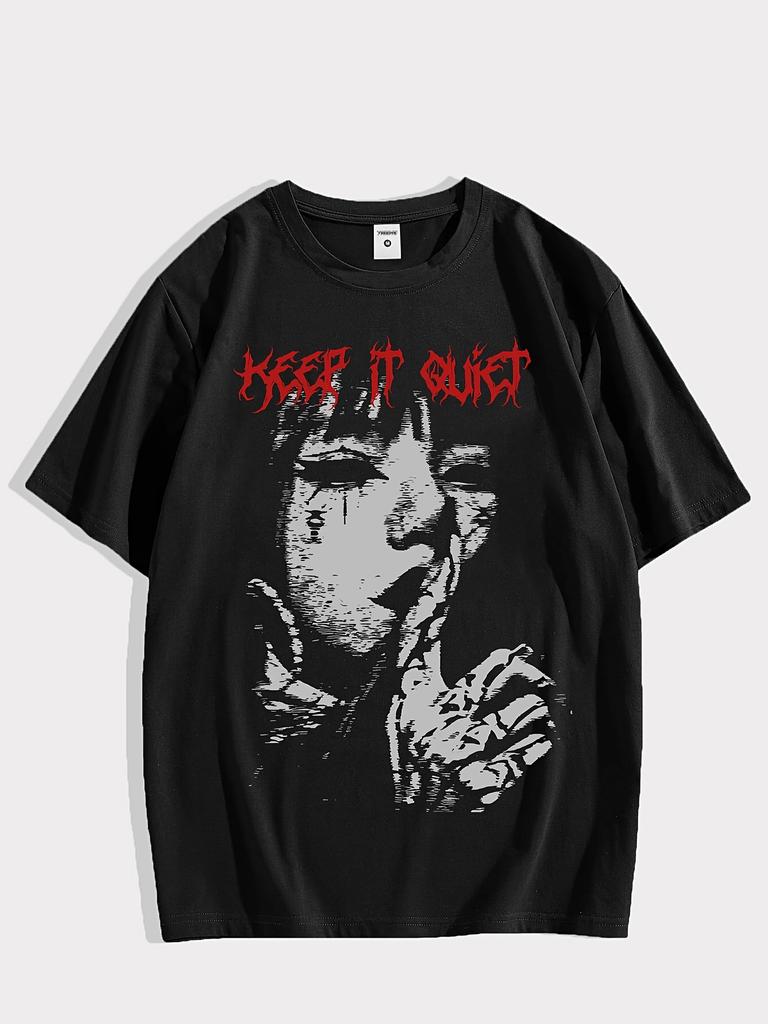Keep It Quiet Red Gothic Font Crying Girl Grunge Print Tshirt Unisex Unisex Casual Cotton Tee Short Sleeve Dark Streetwear Tops