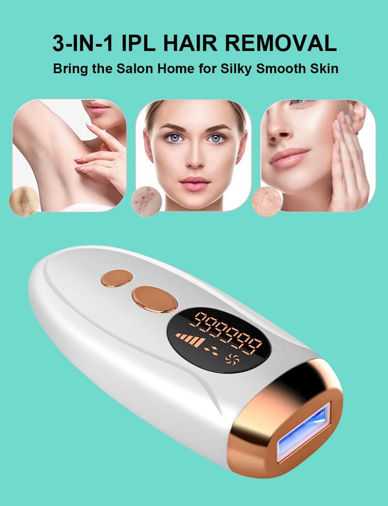 Permanent Laser Hair Removal Device with 999,999 Flashes for Face, Legs, Arms and Bikini Line