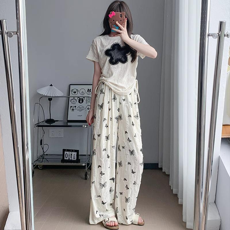 2028 Women's Summer Petite Rhinestone Butterfly Print Ice Silk White Wide-Leg Pants