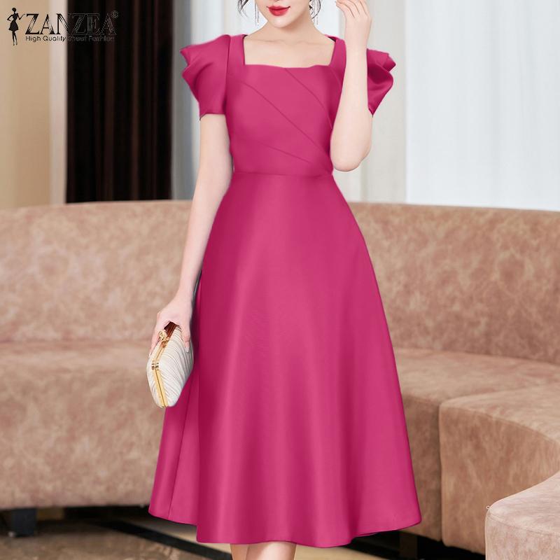 ZANZEA Women Casual Square Collar Summer Short Sleeve A-Line Dress