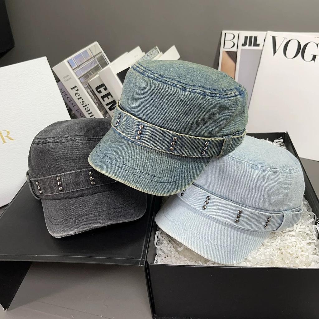 New autumn and winter retro denim flat-top cap washed and old versatile face niche rivet big head circumference hat