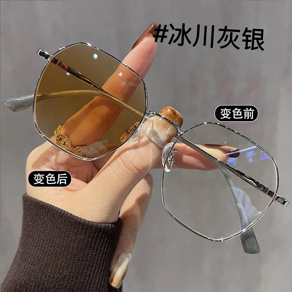 Gold wire thin frame color-changing myopia mirror atmosphere sweet wind ultra-light polygon advanced sense anti-blue light O