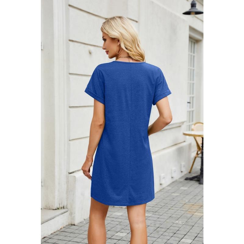 YYFS Dámská móda Léto Jaro Jednobarevný potisk Neformální šaty s krátkým rukávem a výstřihem do V s volným pasem