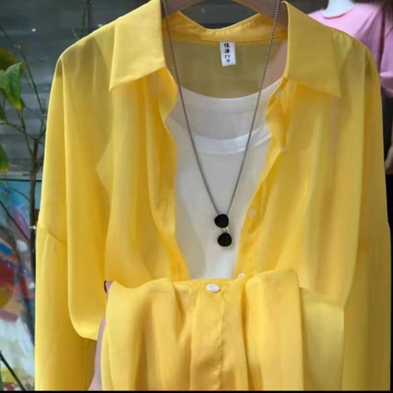 

13 цветов рубашки женские прозрачные тонкие шикарные летние простые однотонные солнцезащитные модные мешковатые универсальные базовые вещи в корейском стиле жёлтый