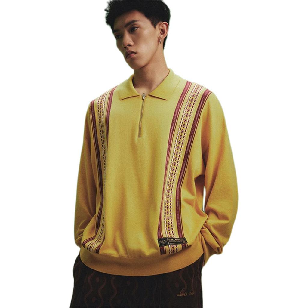 Collaborazione Li Ning X Bruce Lee Serie Kung Fu Polo a Strisce Vestibilità Larga Maglione a Manica Lunga in Maglia Maglione Unisex Giallo Ceylon AMBT239-1