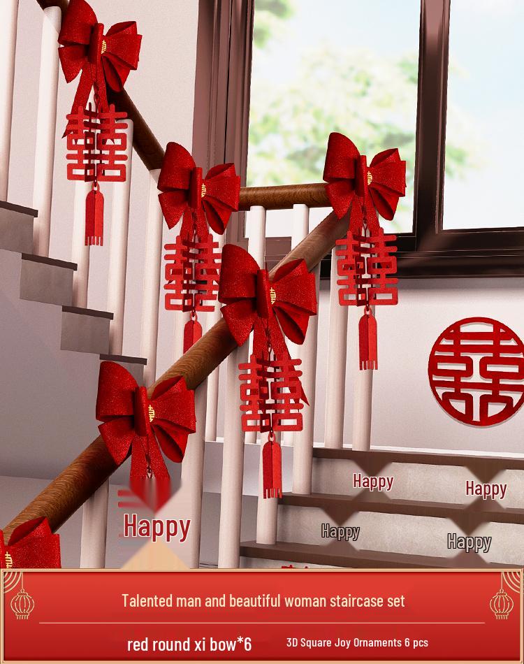 Online Celebrity Wedding Stair Railing Décor Set: Groom's Ceremony Ribbons, Bows, and Pull Flowers