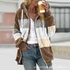 Women Color Block Fuzzy Fleece Hooded Jacket Full Zip Long Sleeve Plush Coat Casual Warm Outerwear S-5XL
