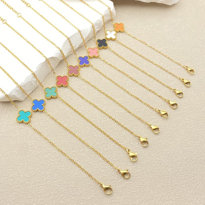 Leichter Luxus Doppelseitiges Vierblättriges Kleeblatt Einzelblume Einfaches Armband Neue Nische Titanstahl 18K Schlüsselbeinkette Damenschmuck