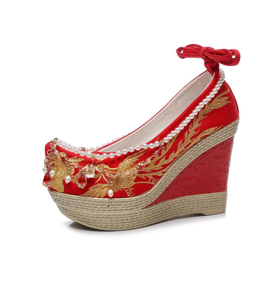 Show He Women's Spring Pearl Tassel High Heel Bridal Embroidered Shoes