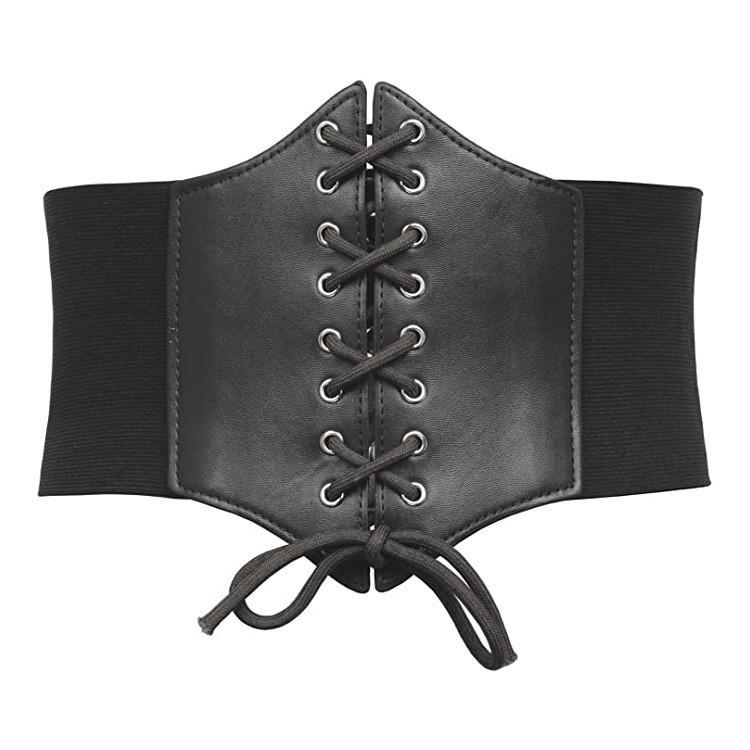Women's Elastic Waistband Wide Leather Belt, Black, Versatile Fashion Lace-up Dress Accessory