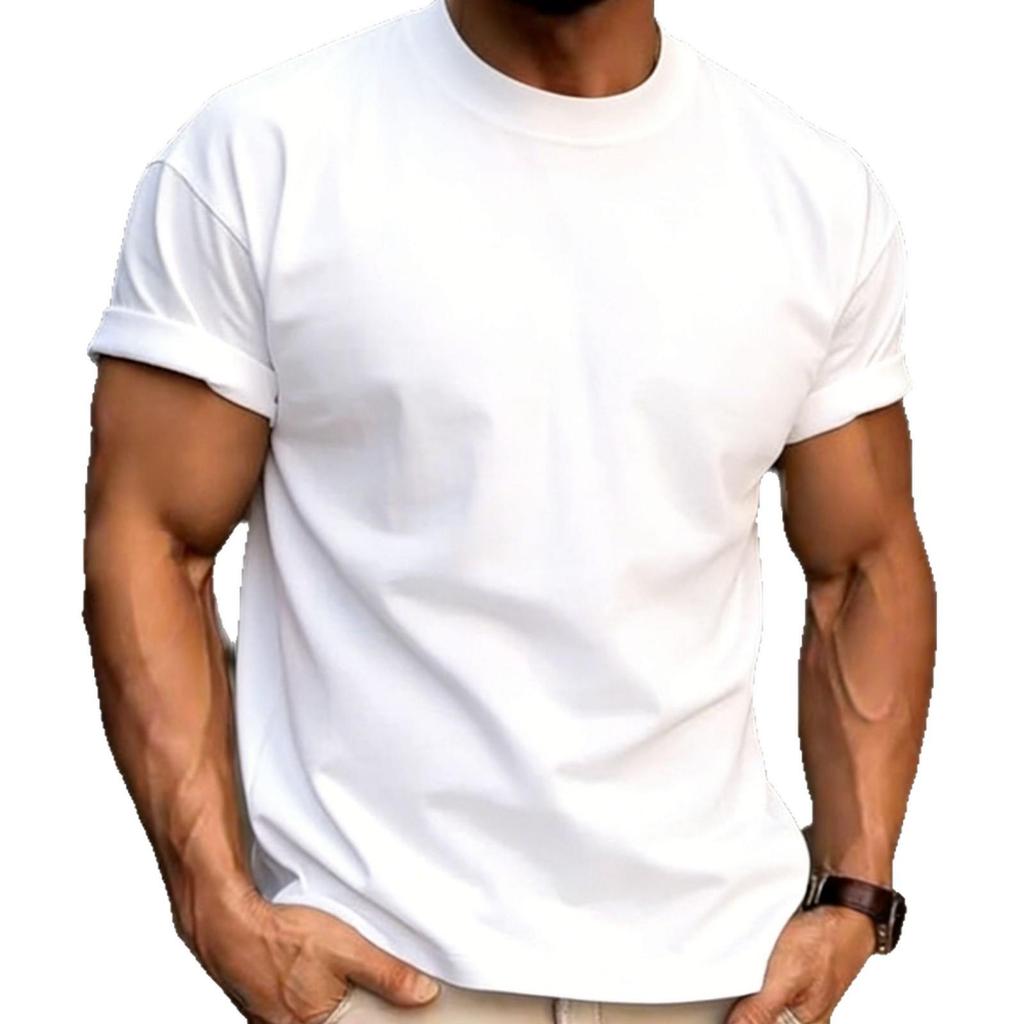 Men's Oversized Round Neck Logo T-Shirt - Solid Color, Drop Shoulder, Pure Cotton, European Size 200g