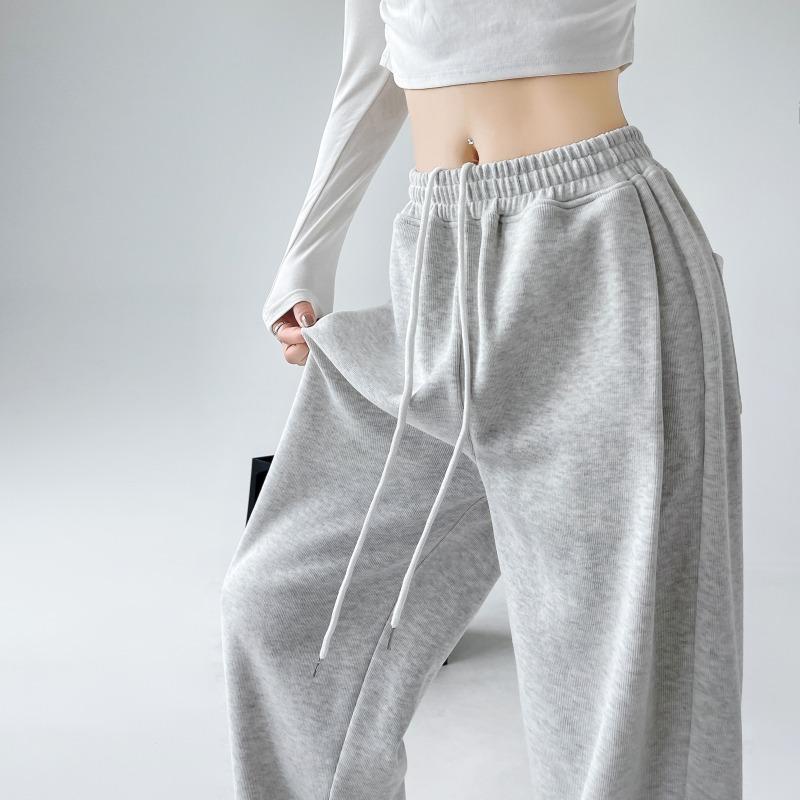 Autumn Sports Casual Loose Wide Leg Pants Women Fashion Solid Elegant High Waist Trousers Women Simple Straight Drawstring Office Ladies Trouser 25681