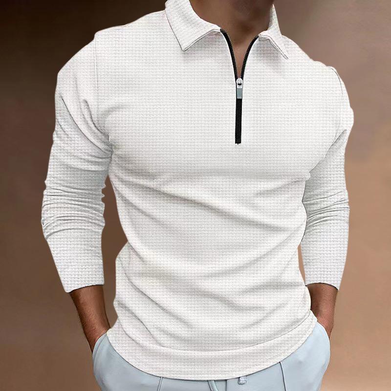 Autumn Waffle Zipper Long Sleeved Polo Shirt Men's T-shirt Top