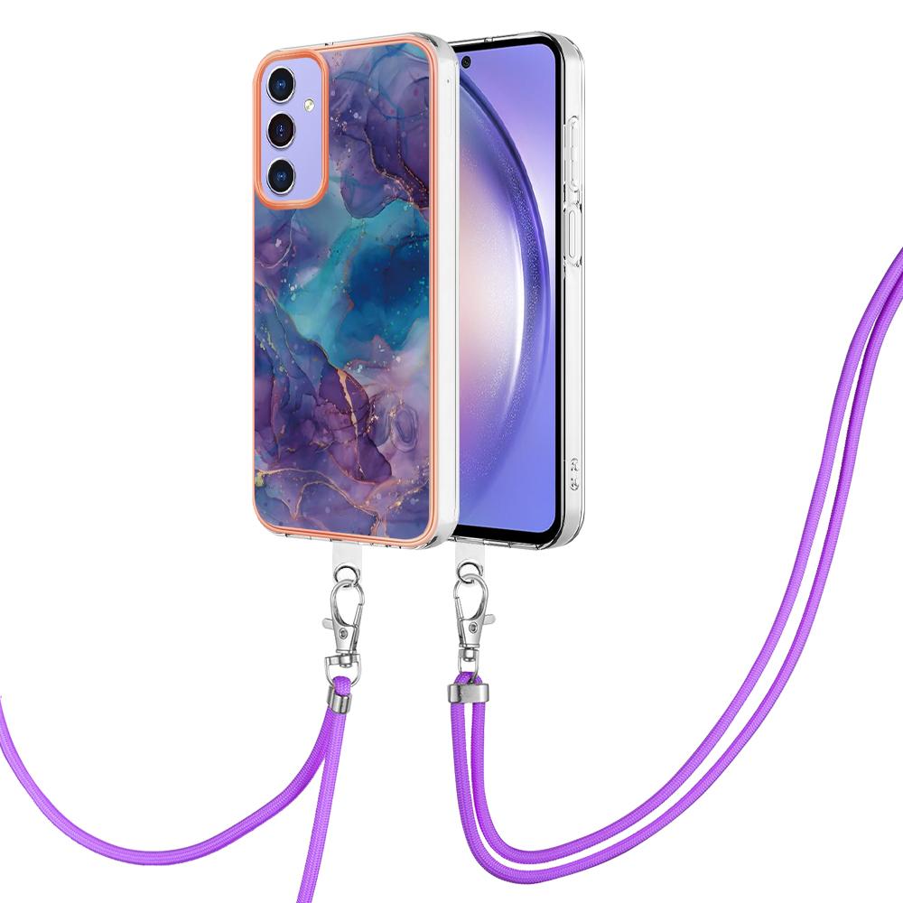

YB IMD Series-18 Style E for Samsung Galaxy A15 5G/A15 4G TPU Case Marble Pattern Phone Cover with Crossbody Lanyard Purple