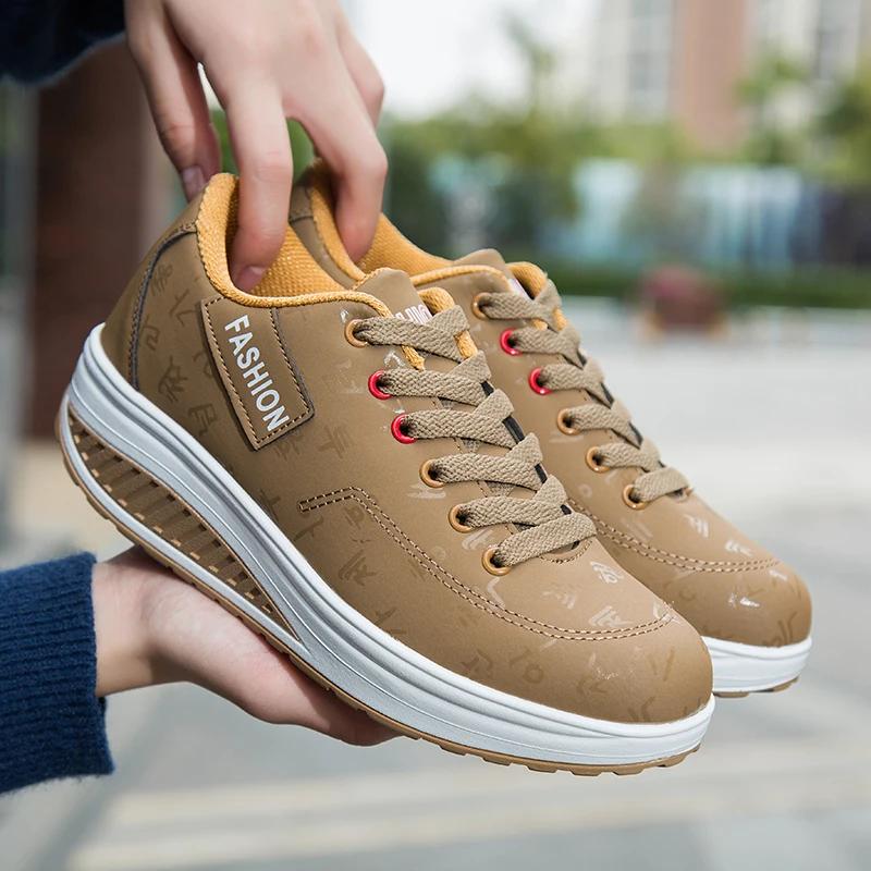 Women Leather Lace Up Platform Casual Sneakers Mujer Non-Slip Soft Wedges Walking Shoe Fashion Thick Bottom Autumn Running Shoes