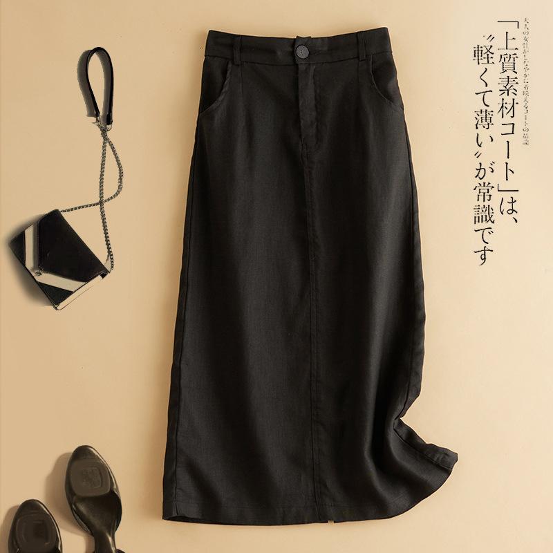 Women Retro Natural Linen Long Skirt Ladies Office Daily Straight Skirt With Pockets