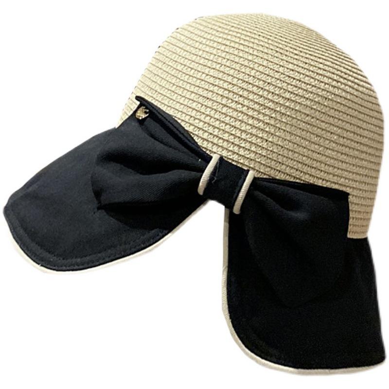 Hat Female Retro Bow Split Fork Elegant Straw Hat Big Eaves Bucket Hat Seaside Vacation Sun Protection Beach Hat