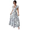 Frühling Und Sommer Neues Bedrucktes Lotusblatt-Rand V-Ausschnitt Sexy Schlank Und Dünn Langes Kleid Kleid