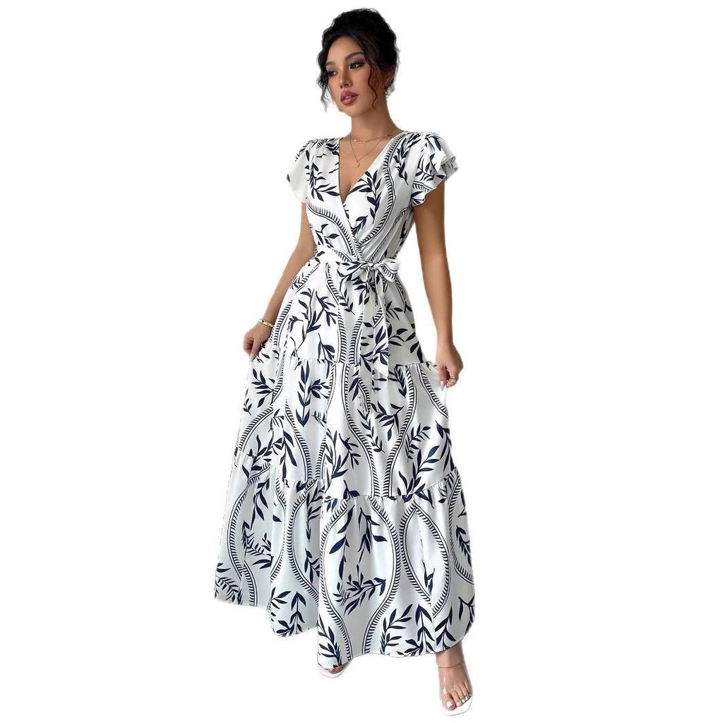 Frühling Und Sommer Neues Bedrucktes Lotusblatt-Rand V-Ausschnitt Sexy Schlank Und Dünn Langes Kleid Kleid