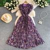 French light luxury celebrity temperament printed lotus leaf edge short-sleeved dress for women's summer waist and thin pleated medium and long dress