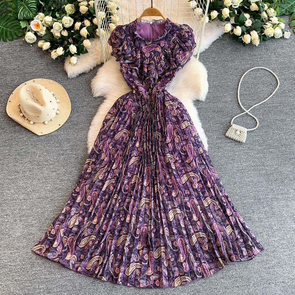French light luxury celebrity temperament printed lotus leaf edge short-sleeved dress for women's summer waist and thin pleated medium and long dress