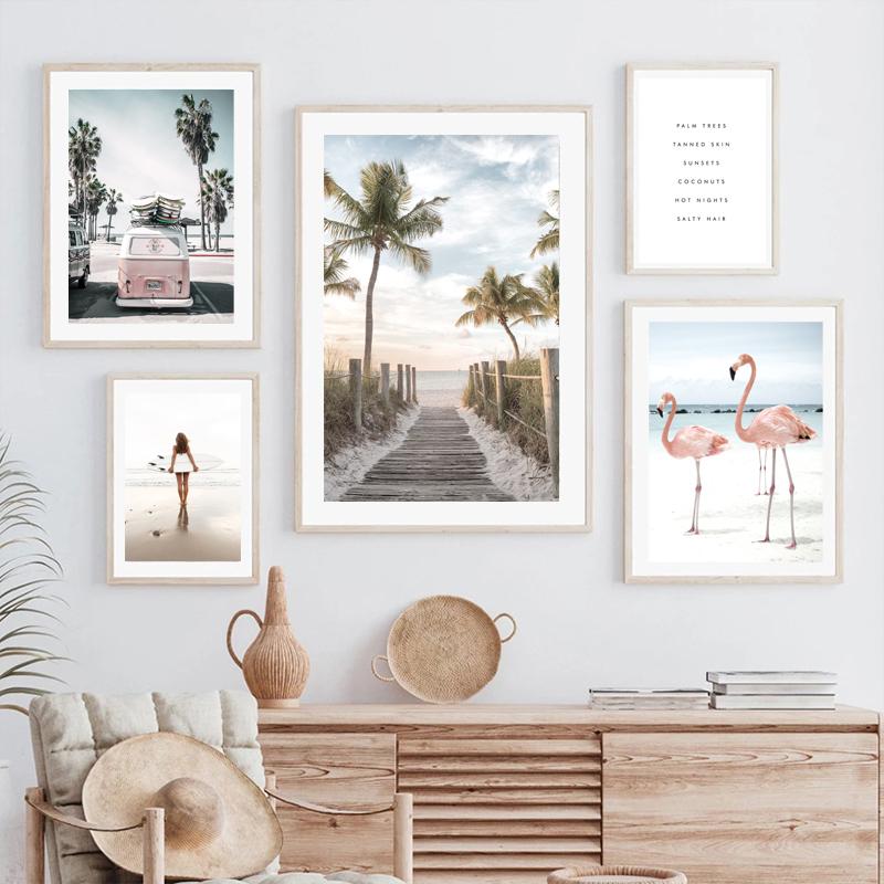 Sunny Beach Surfboard Decoration Posters Sea Turtle Ocean Landscape Canvas Painting Nordic Seaside Picture For Living Room Decor