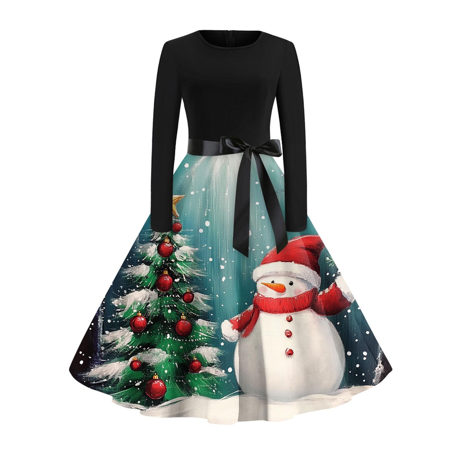 Рождественский принт расклешенное платье для женщин платье с длинным рукавом полые — фото 3