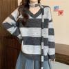 Korean Style V-Neck Color-Block Stripe Loose Knit Pullover