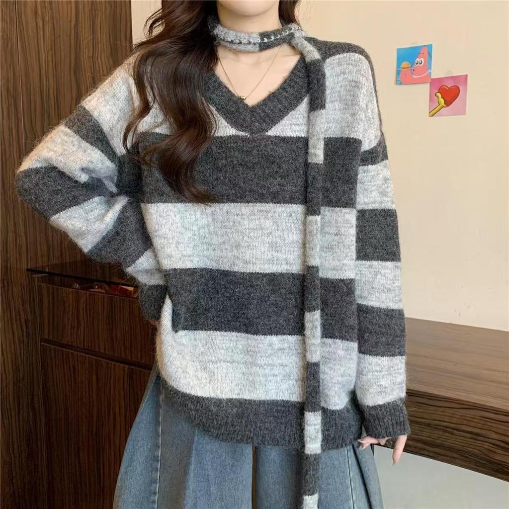 Korean Style V-Neck Color-Block Stripe Loose Knit Pullover
