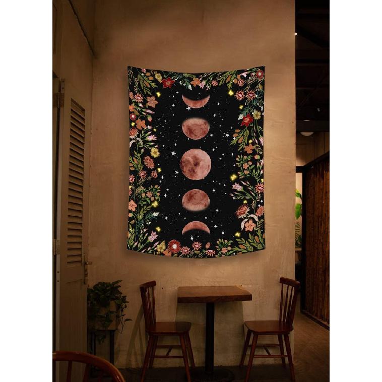 Rexful Moonlit Garden Tapestry, Moon Phase Surrounded by Plants and Flowers Black Wall Hanging Blanket 36×48 inch