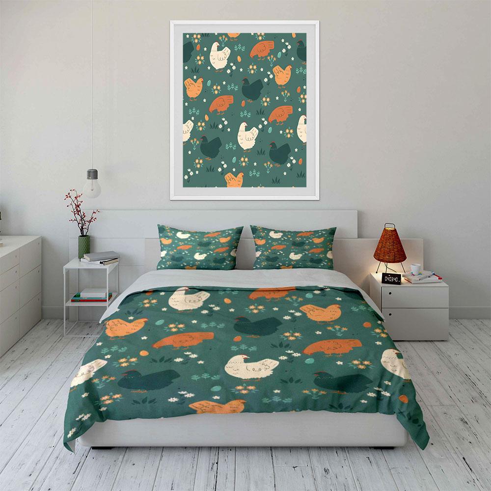 Farmyard Chicken Pattern Bedding Duvet Cover Set (1*Duvet Cover 2*Pillowcases, Without Duvet Insert)