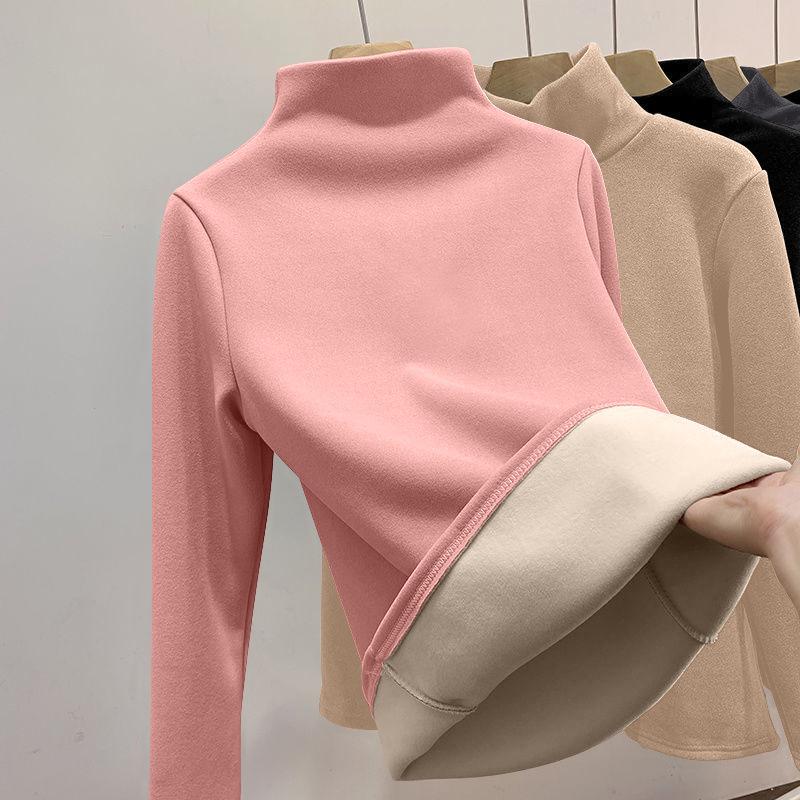 Women Winter Half High Collar Bottom Shirt Solid Semi High Collar Long Sleeve Basic T-Shirt Heating Pullovers