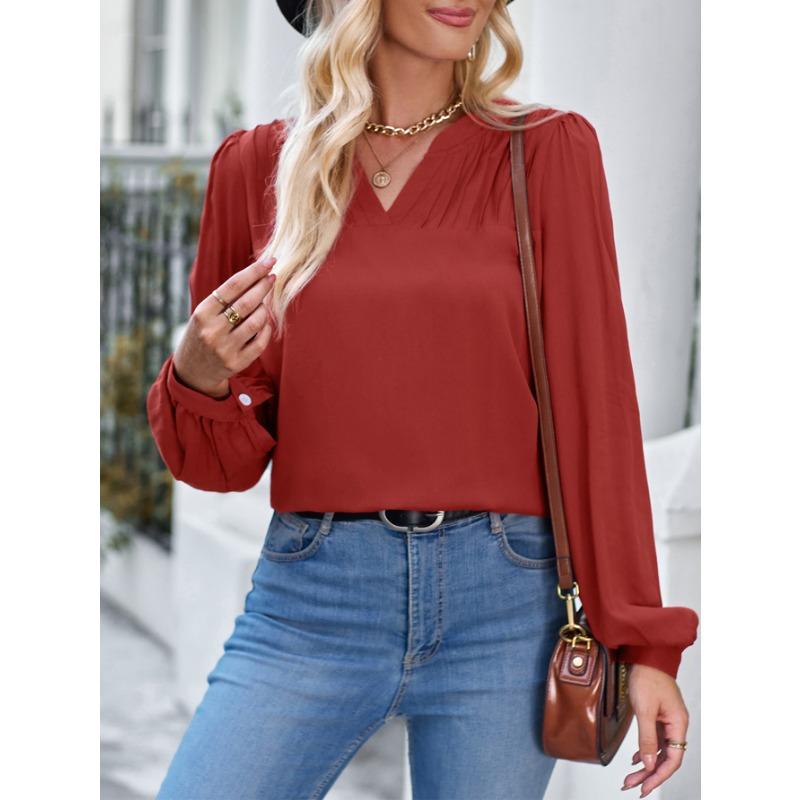 

Весняно-осіння жіноча блуза, повсякденна тонка однотонна блузка з V-подібним вирізом, однотонний, трендовий, з довгими рукавами XL brick червоний колір