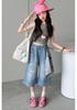 Summer 2026 Cartoon Graffiti Girls' Wide-Leg Jeans - Medium & Large Sizes, Thin Seven-Quarter Length