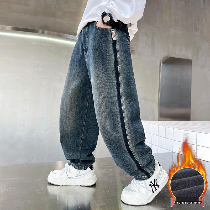 Boys' Spring & Autumn 2025 Fleece-Lined Jeans - Casual Long Pants for Kids