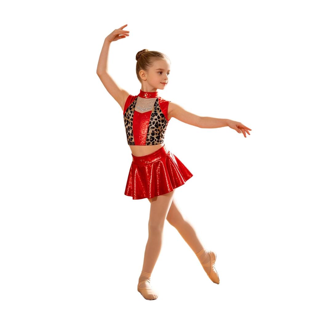 Costum de Dans Jazz pentru Fete 2 Bucăți Metalic Lucios Patchwork Strălucitor Crop Top Fără Mâneci cu Pantaloni tip Fustă pentru Competiție pe Scenă