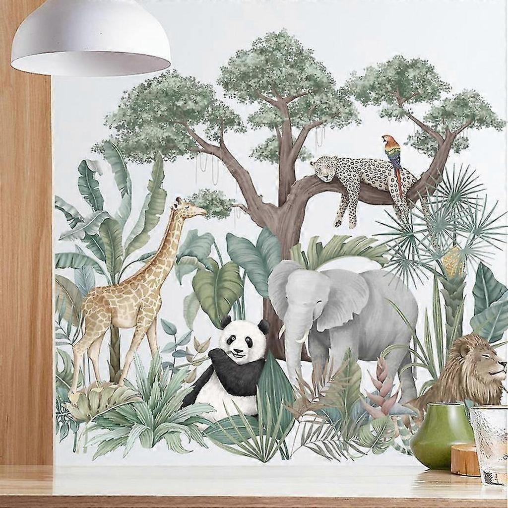 Animals Plants Wall Stickers,Cartoon Elephant Giraffe Plant Wallpaper Decor for Kids Bedroom Decor