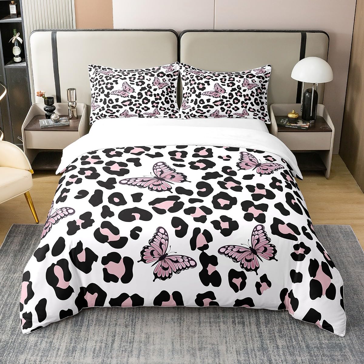 

Leopard Print Duvet Covers For Teens Adults Girls Women Queen King Lightweight Bedspread Cover Room Decor Butterfly Bedding Sets EU Single(135*200cm)3pcs