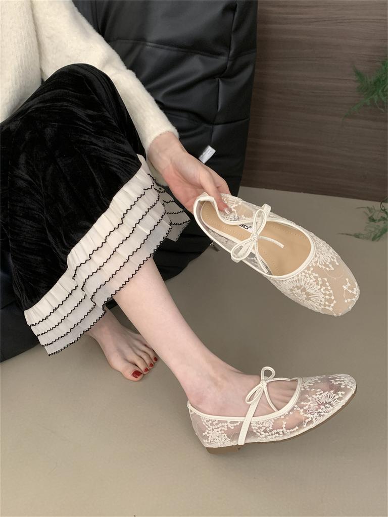 Gentle evening breeze bow ballet shoes girl 2025 new fairy hollow mesh lace embroidered shoes single shoes