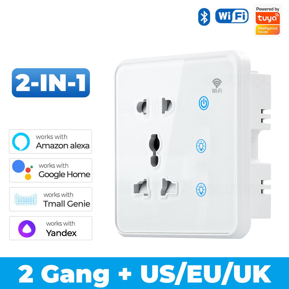 Tuya Wifi Wall Smart Socket 2gang Switch Light Touch Us Eu Uk Plug Tempered Glass Timing Electrical App For Google Home Alexa